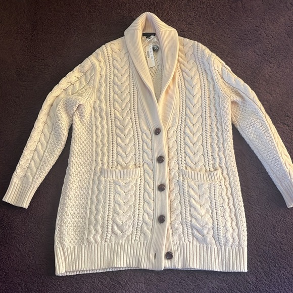 J. Crew Sweaters - J.Crew Long Cable Knit Wool Cardigan  Faux Leather Button Cream S Oversize